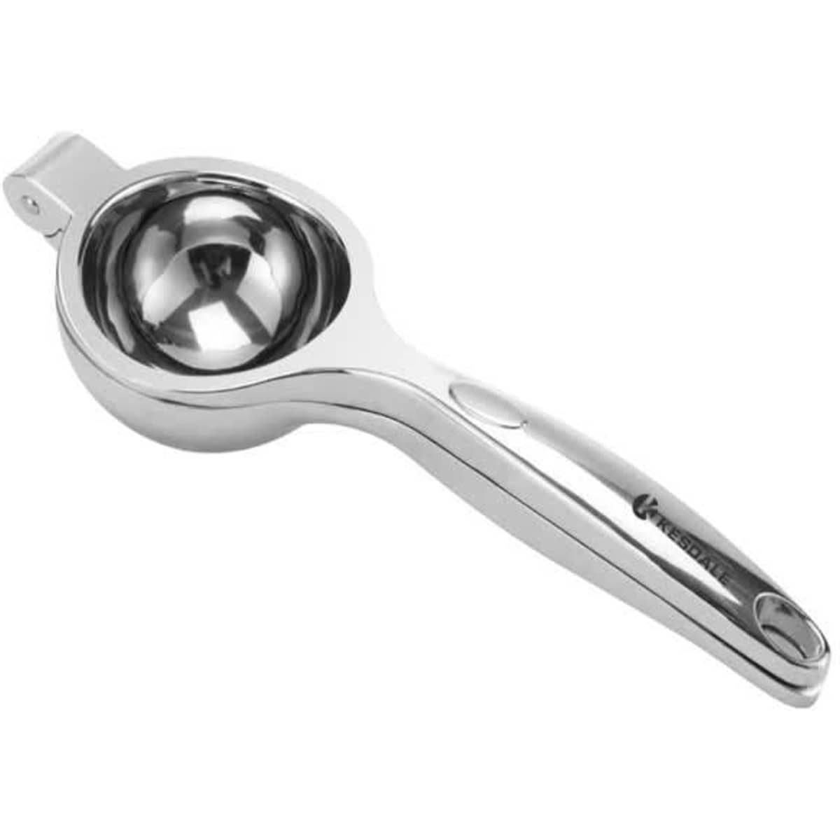A stainless steel lemon squeezer with a sleek design featuring a rounded bowl and a long handle. It has a logo on the handle.