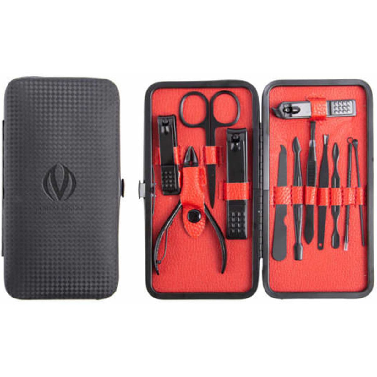 A stainless steel 12-in-1 nail clipper set in black and red packaging, featuring various grooming tools and a logo.