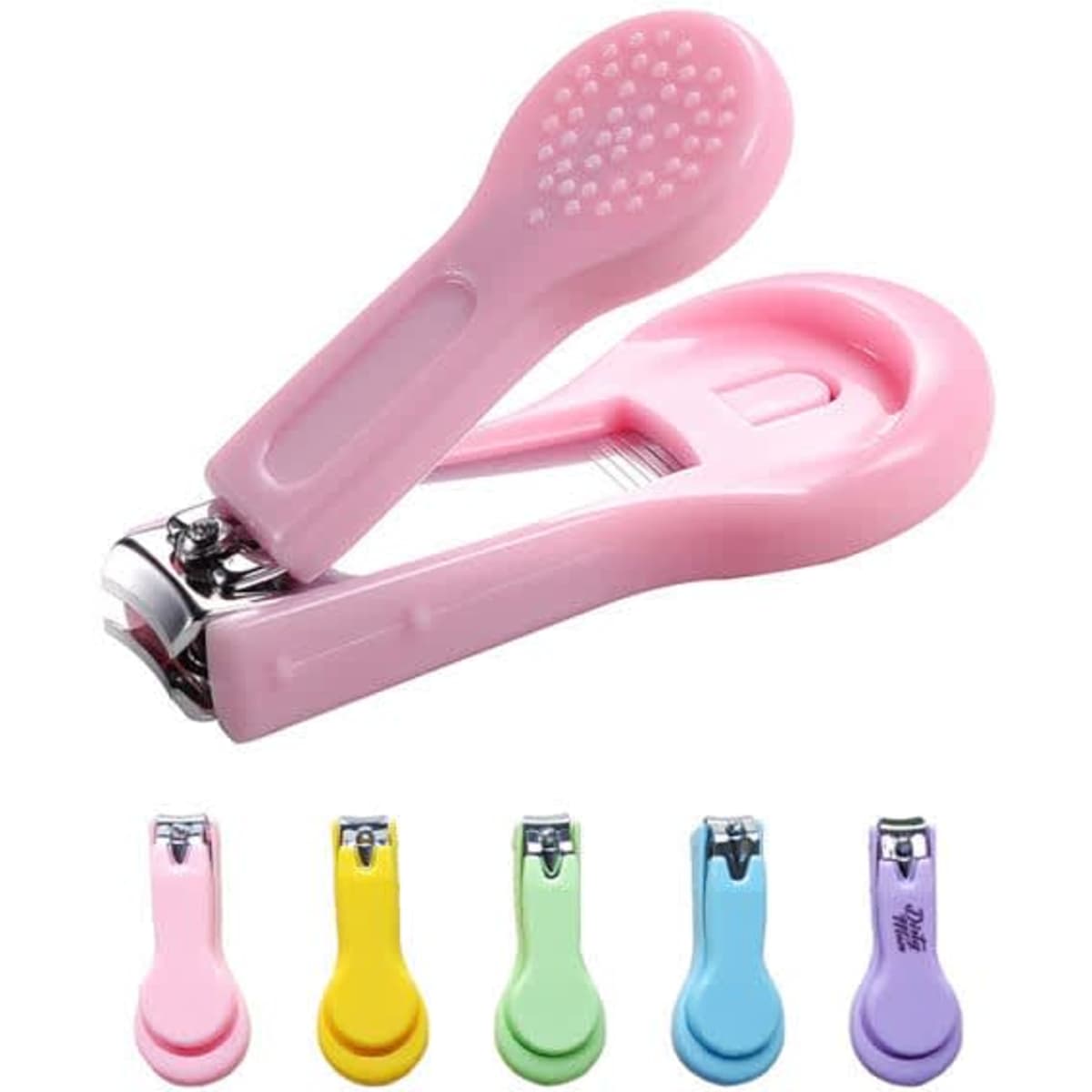 A pink baby nail clipper with a textured handle, accompanied by five other coloured nail clippers in yellow, green, blue, purple, and pink.