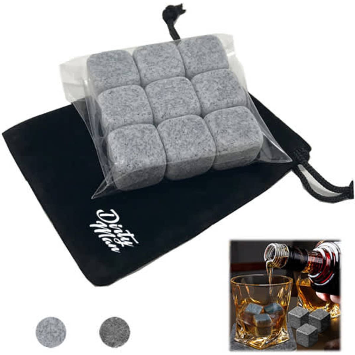 A set of grey whiskey ice stones contained in a cloth pouch, featuring a logo on the pouch.