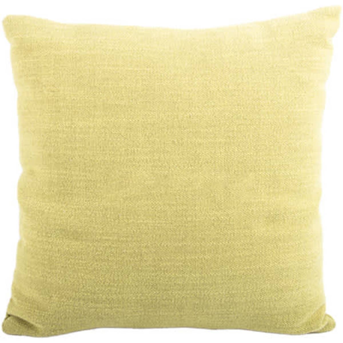 A cotton throw pillow in a soft yellow hue, featuring a textured fabric and a logo on one side.