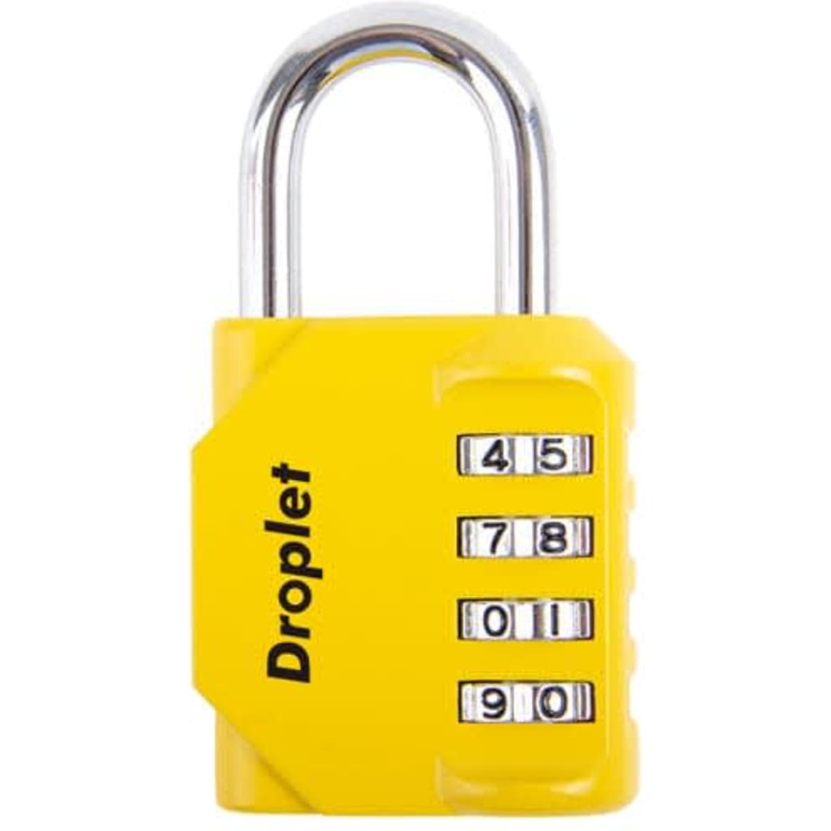A yellow 4-digit combination padlock with a silver shackle and numeric dials. It features a brand logo.