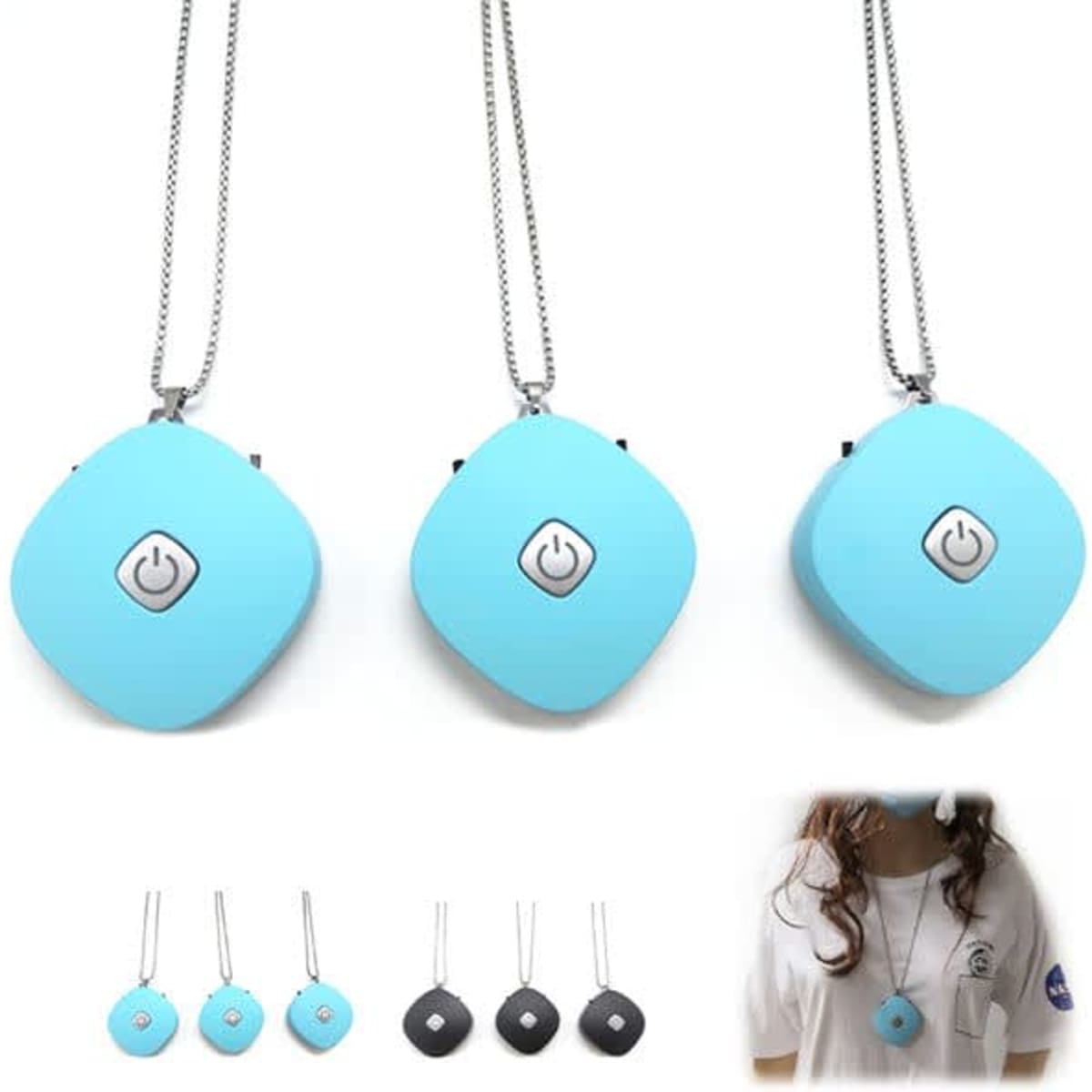 A personal air purifier necklace in light blue, featuring a button, suspended from a silver chain. Three necklaces are displayed.
