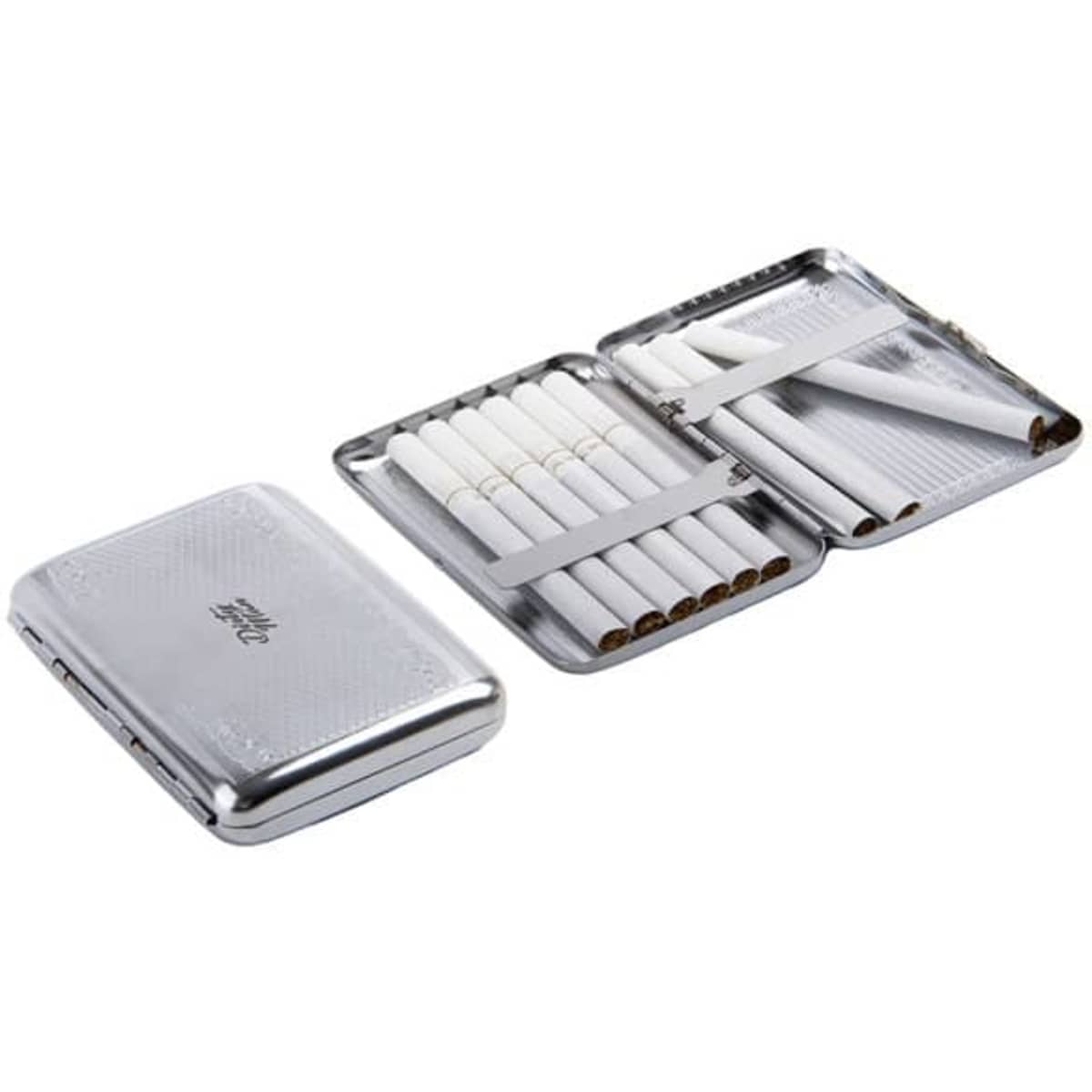 A stainless steel cigarette case featuring a sleek silver design, holding several white cigarettes inside.