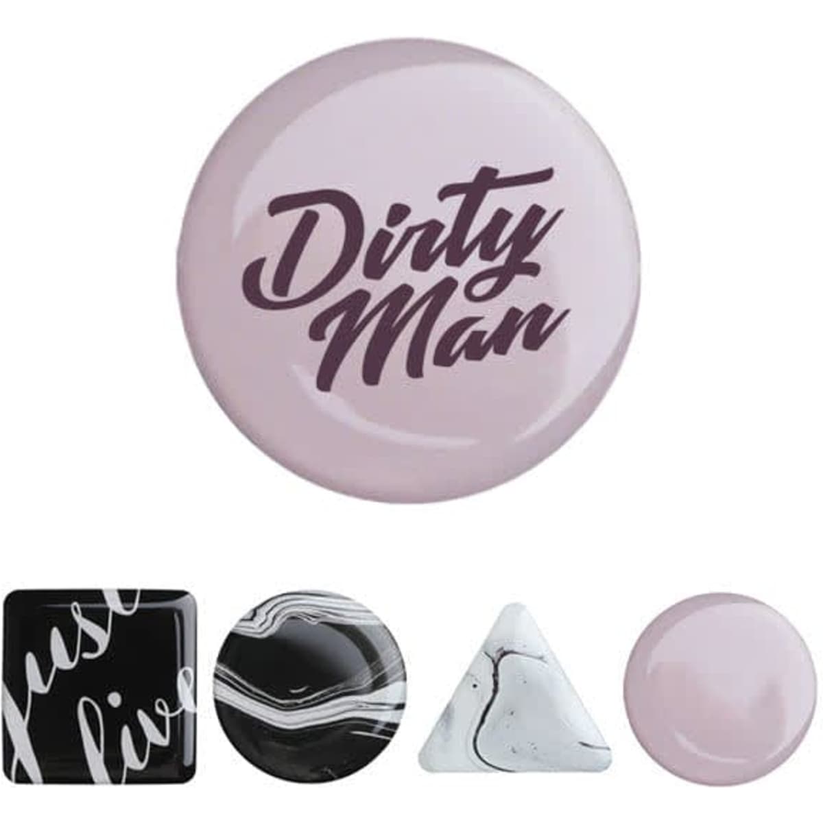 A set of custom epoxy fridge magnets in various shapes, featuring black and pink colours with different designs and a logo.