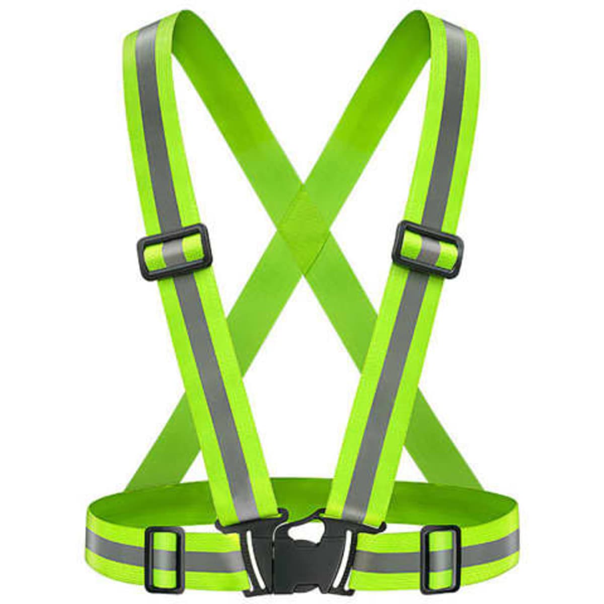 A reflective safety harness in bright yellow-green with grey reflective straps and adjustable buckles.