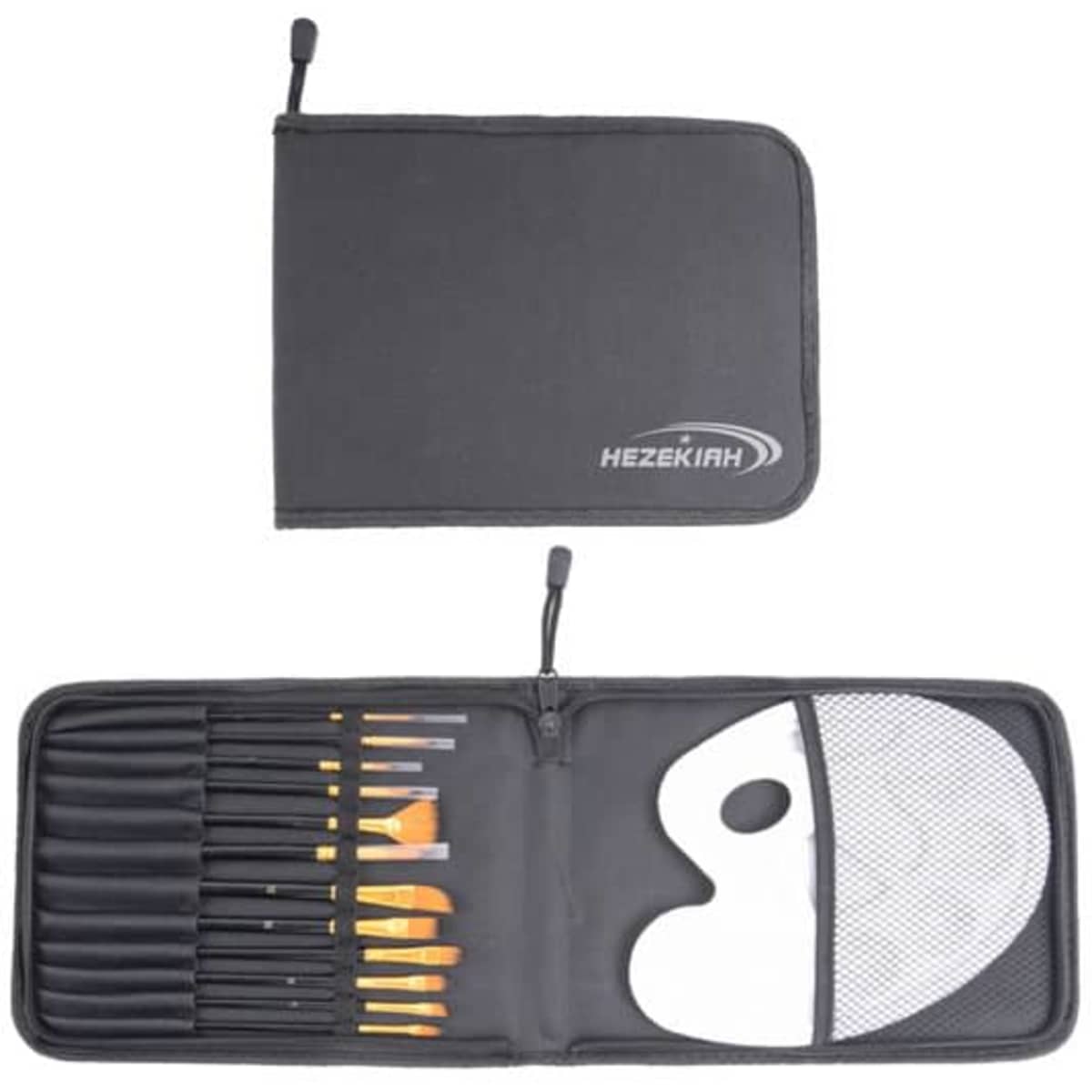 A black carrying case containing 12 nylon paint brushes and a palette, with an interior mesh pocket.