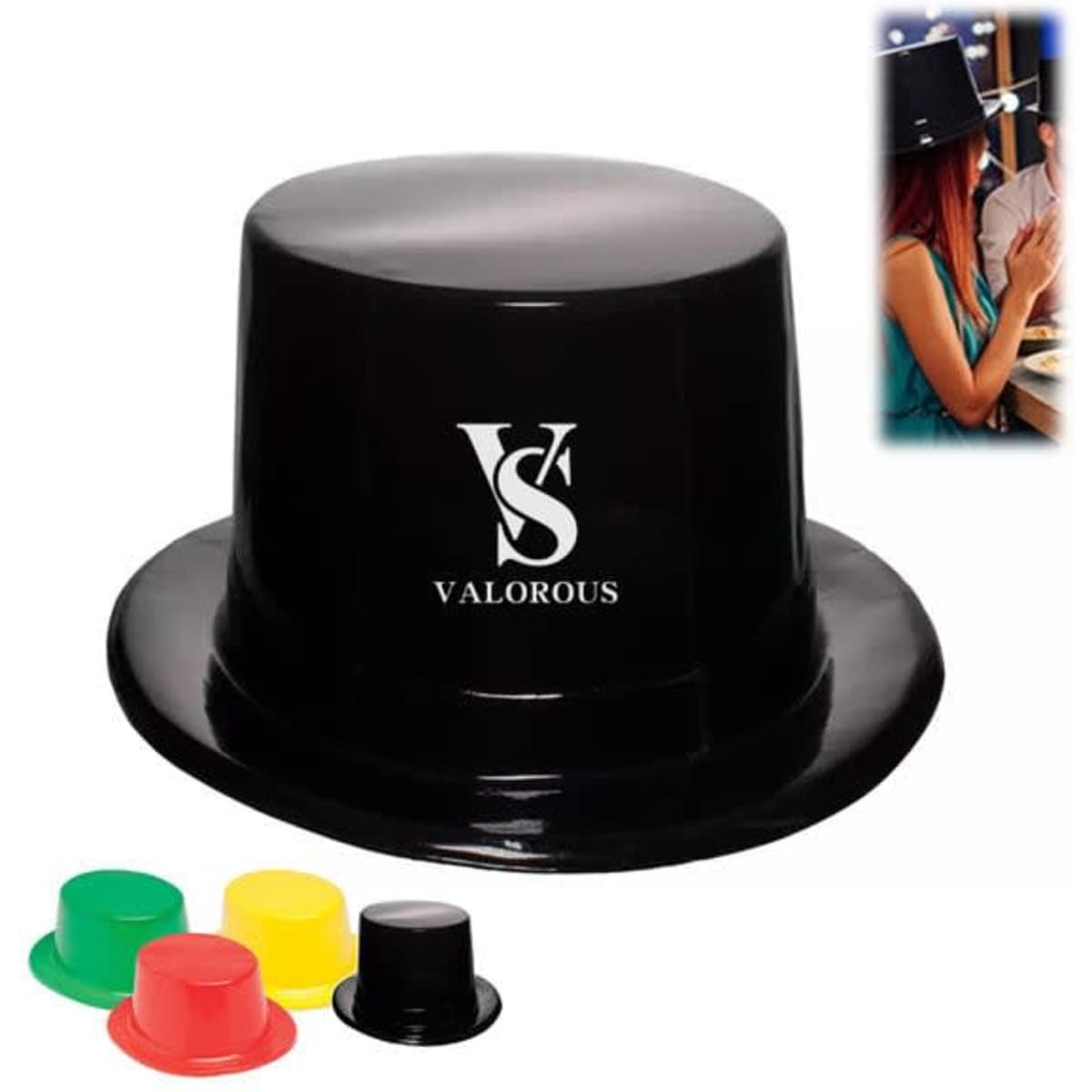 A black plastic top hat with a logo, accompanied by small red, yellow, and green hats.