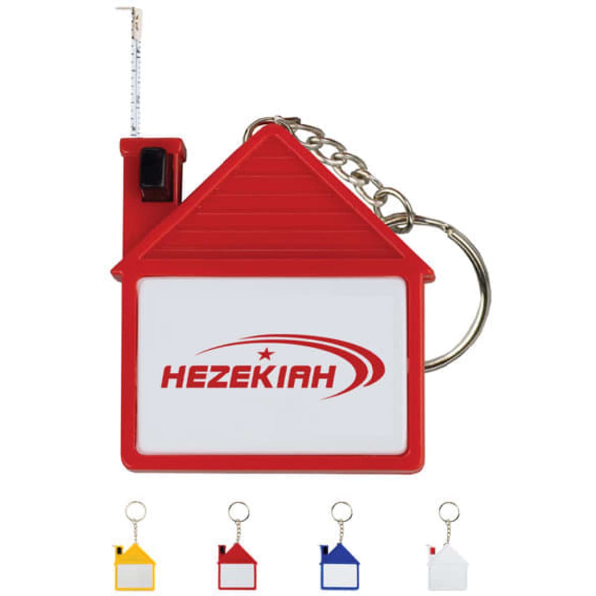 A house-shaped tape measure with key chain in red, featuring a branding logo and a retractable measuring tape.