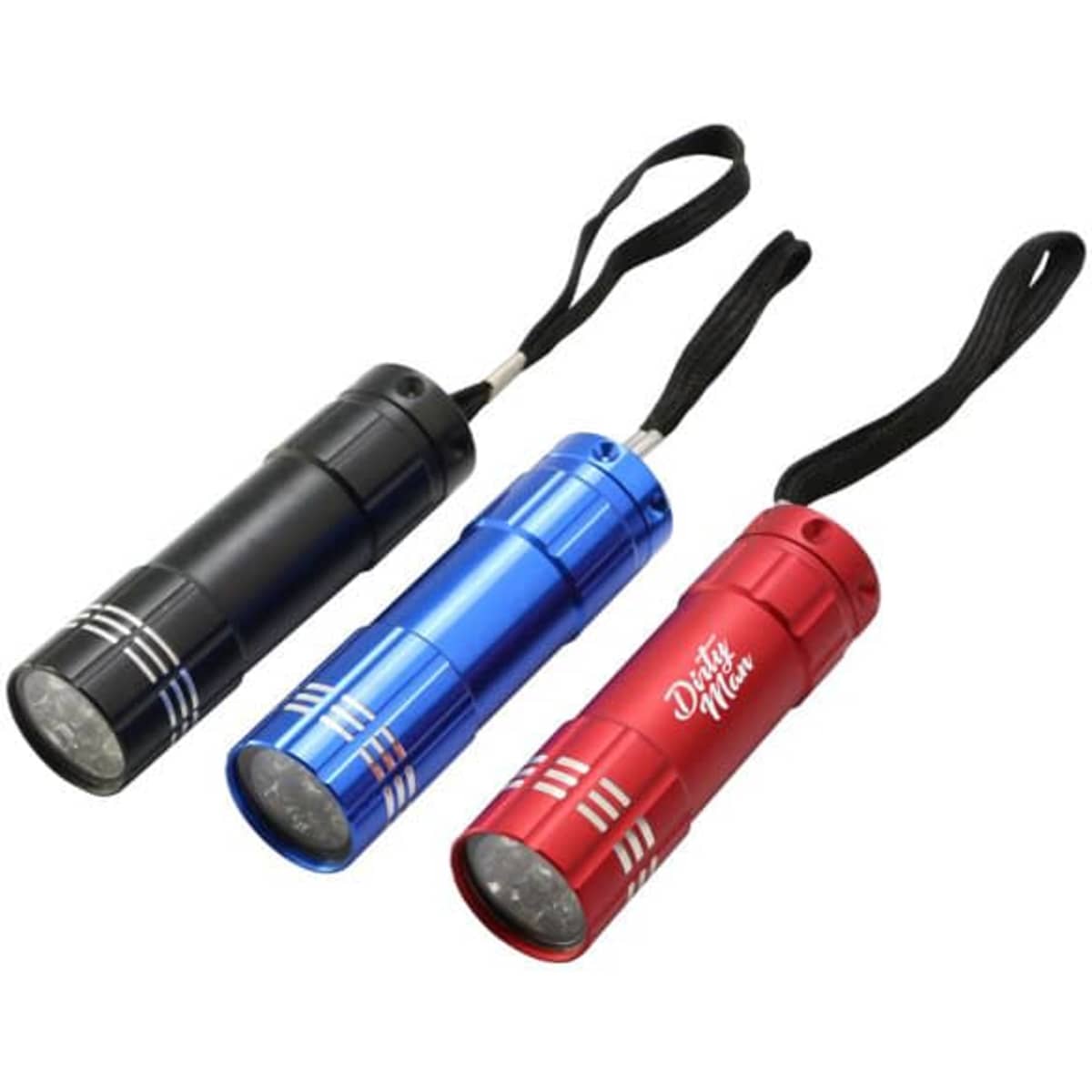 Three mini LED flashlights in black, blue, and red, each with a wrist strap and a logo.