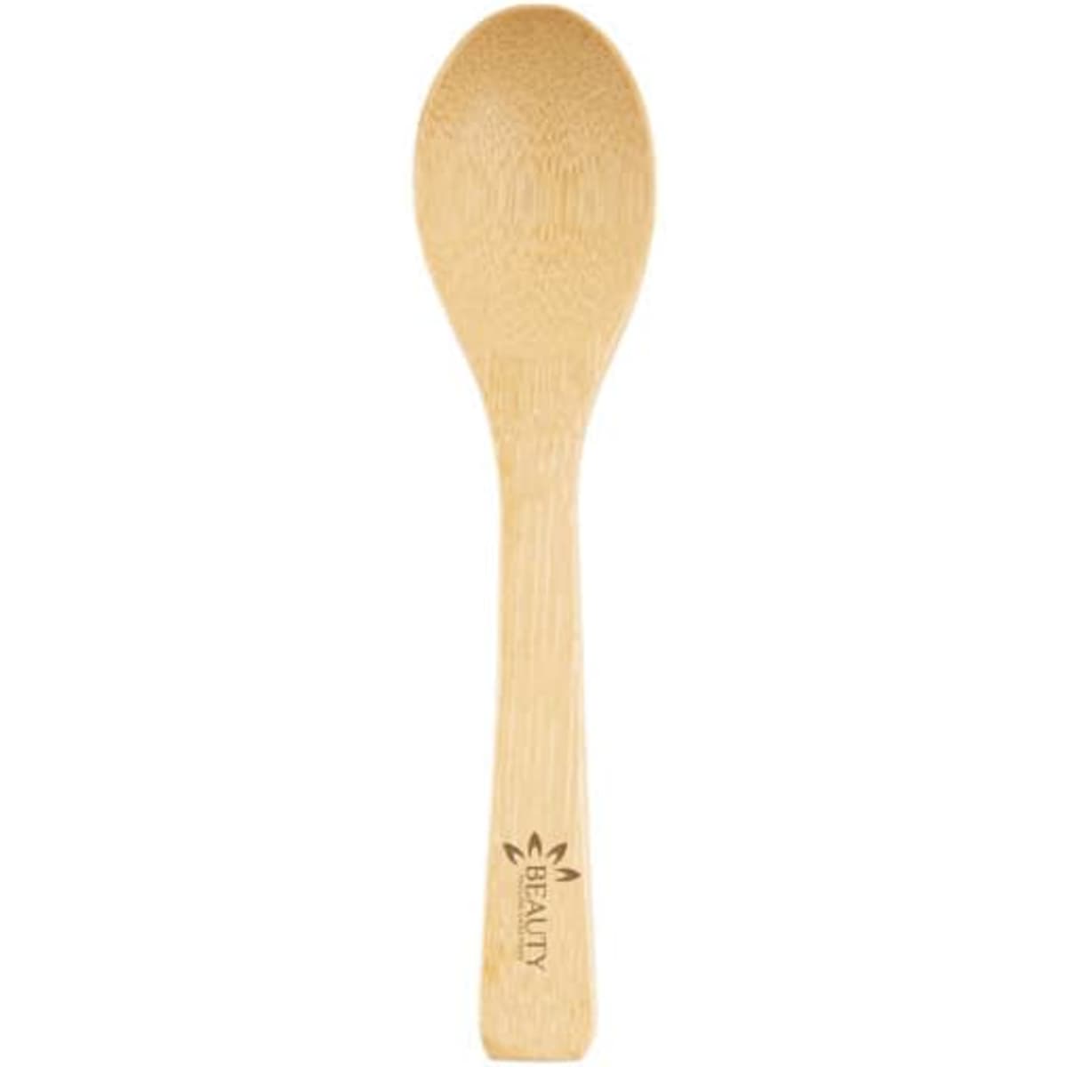A bamboo spoon with a smooth finish and a natural wood colour, featuring a logo on the handle.