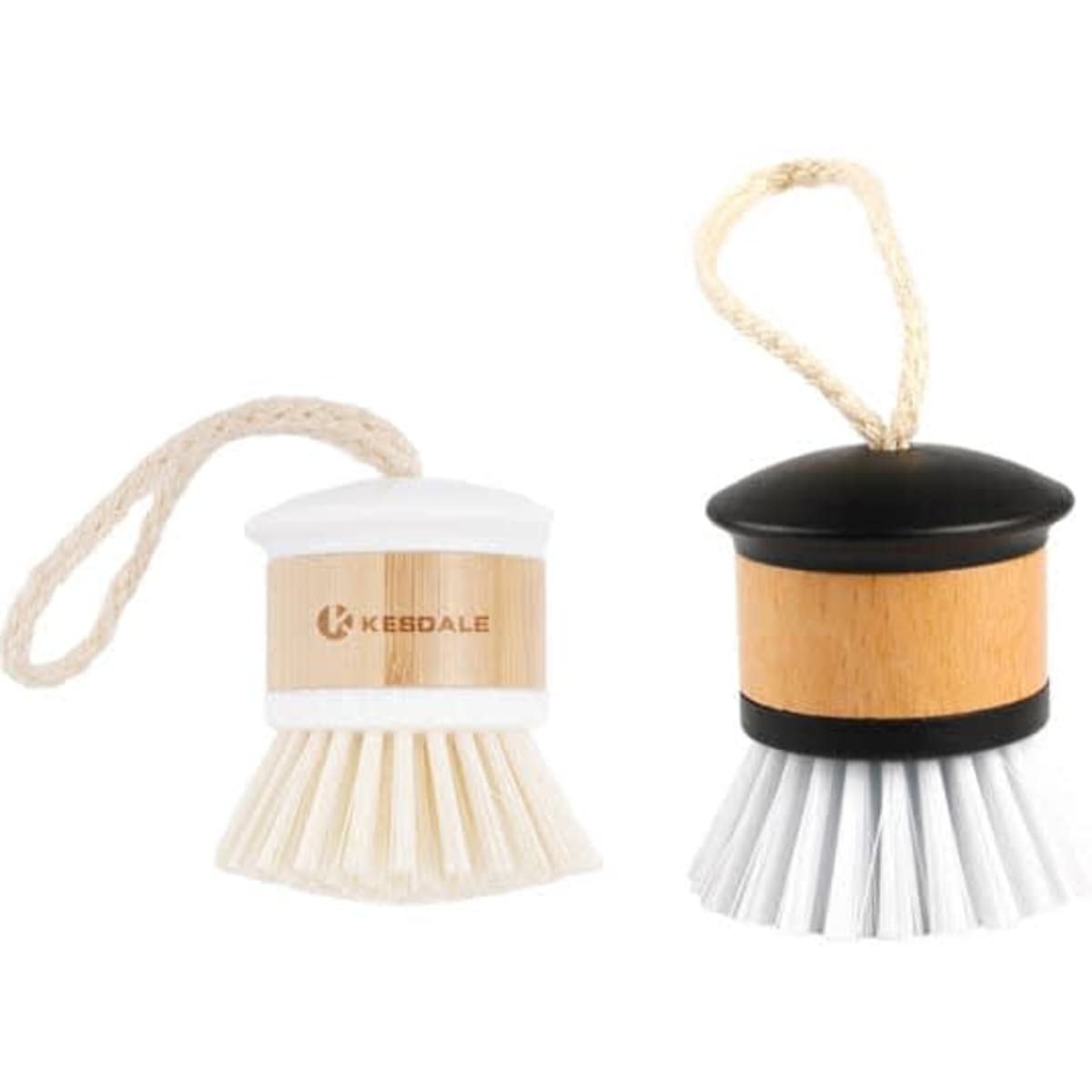Two bamboo dish scrub brushes with different designs; one has a white head and the other a black head. Both feature a hanging loop.