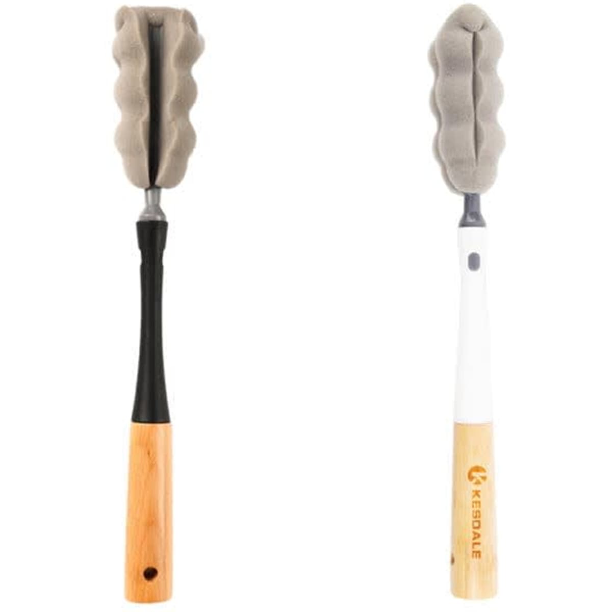 A drink bottle cleaning brush with detachable sponge heads, featuring a black handle and a white handle with wood accents.