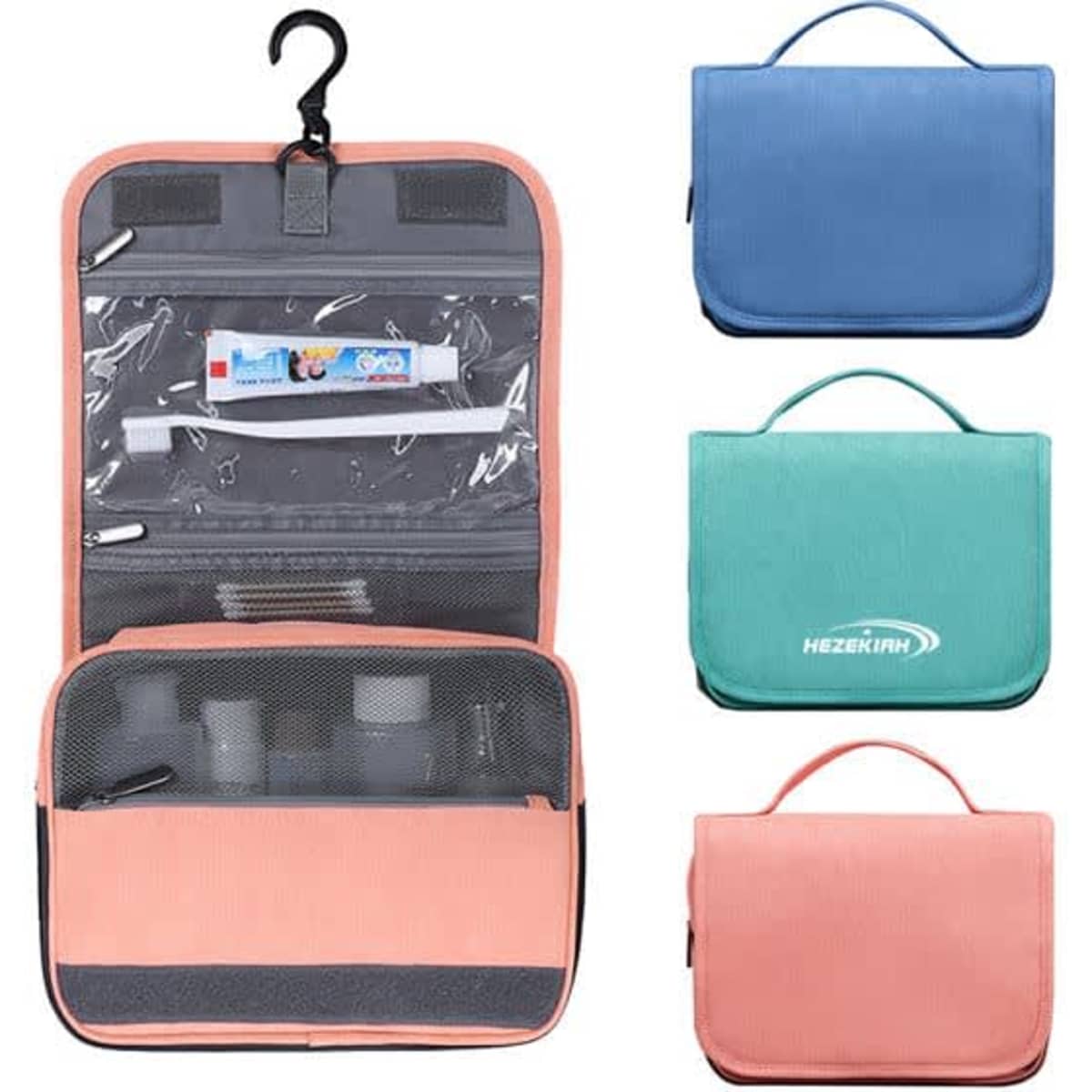 A denim travel hanging toiletry bag in peach, with compartments and a hook for easy storage, featuring various colour options.