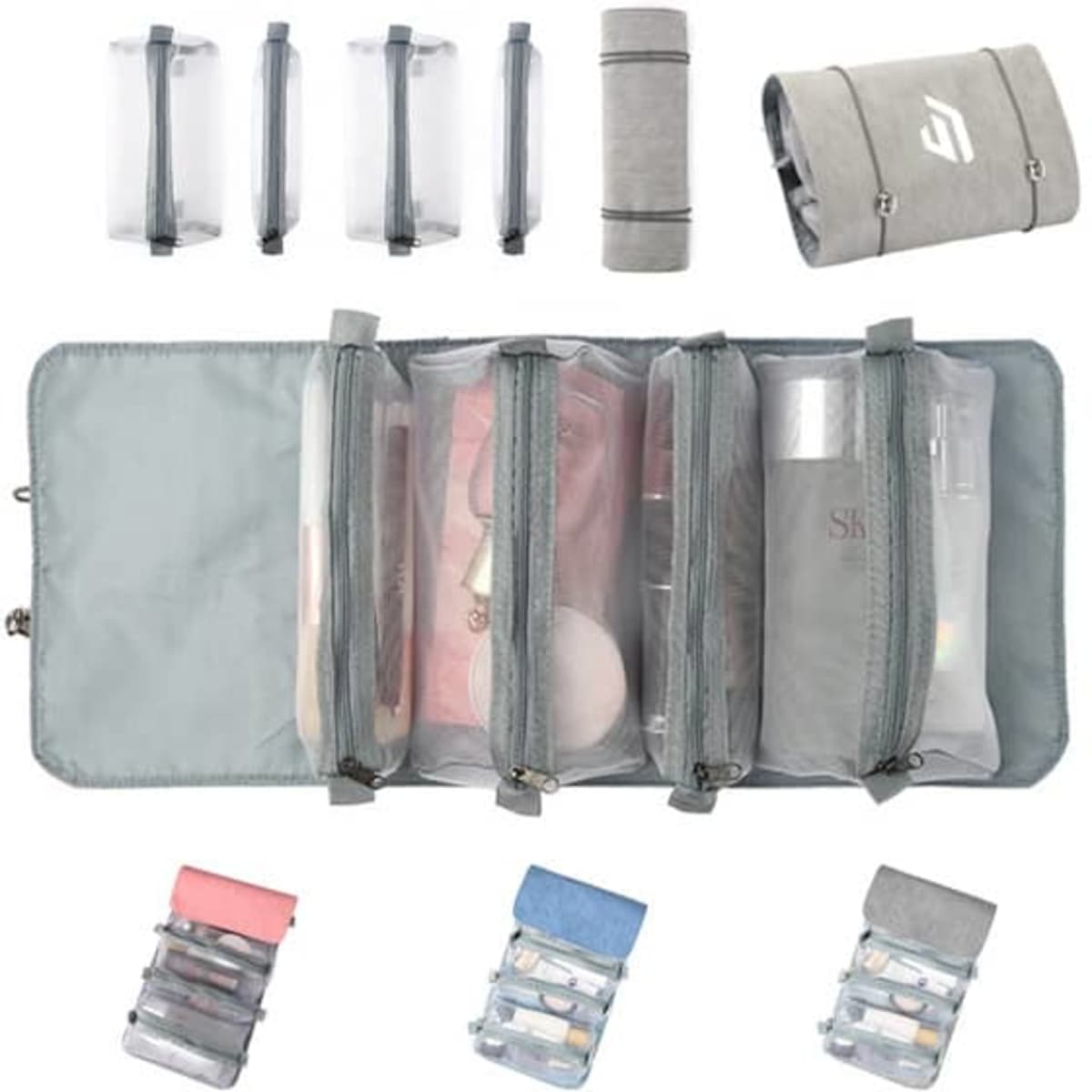 A grey 4 Fold Detachable Roll Up Makeup Bag with several transparent compartments and various smaller bags in different colours.