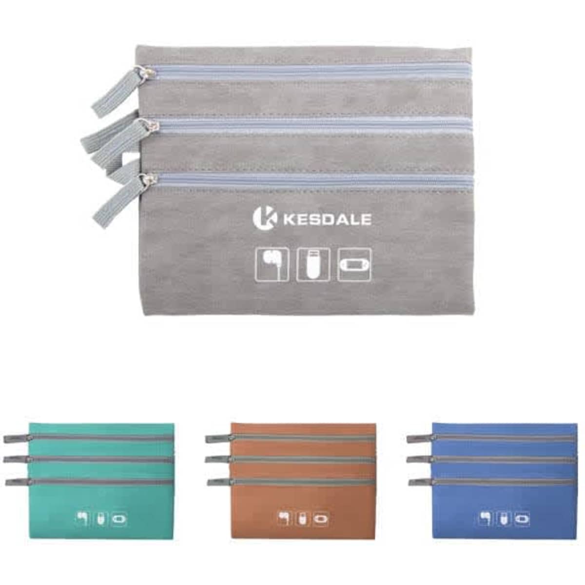 A grey cable organiser storage bag with three zippered compartments, shown alongside green, brown, and blue variations.