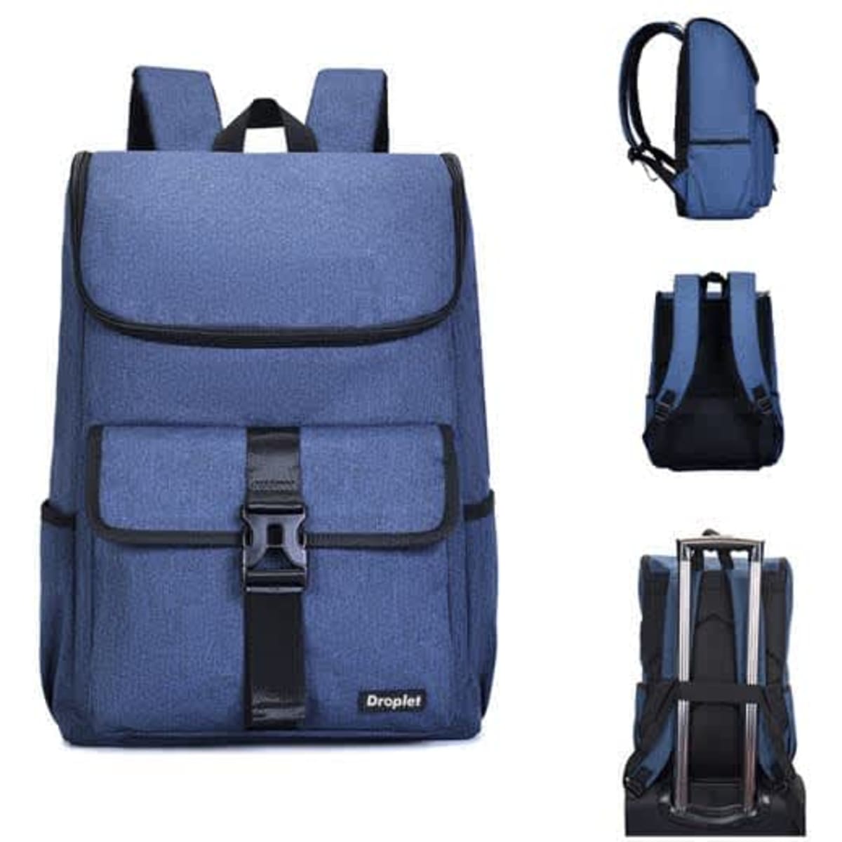 A blue three-dimensional business trip backpack with adjustable straps and a front buckle. It features a logo on the front.