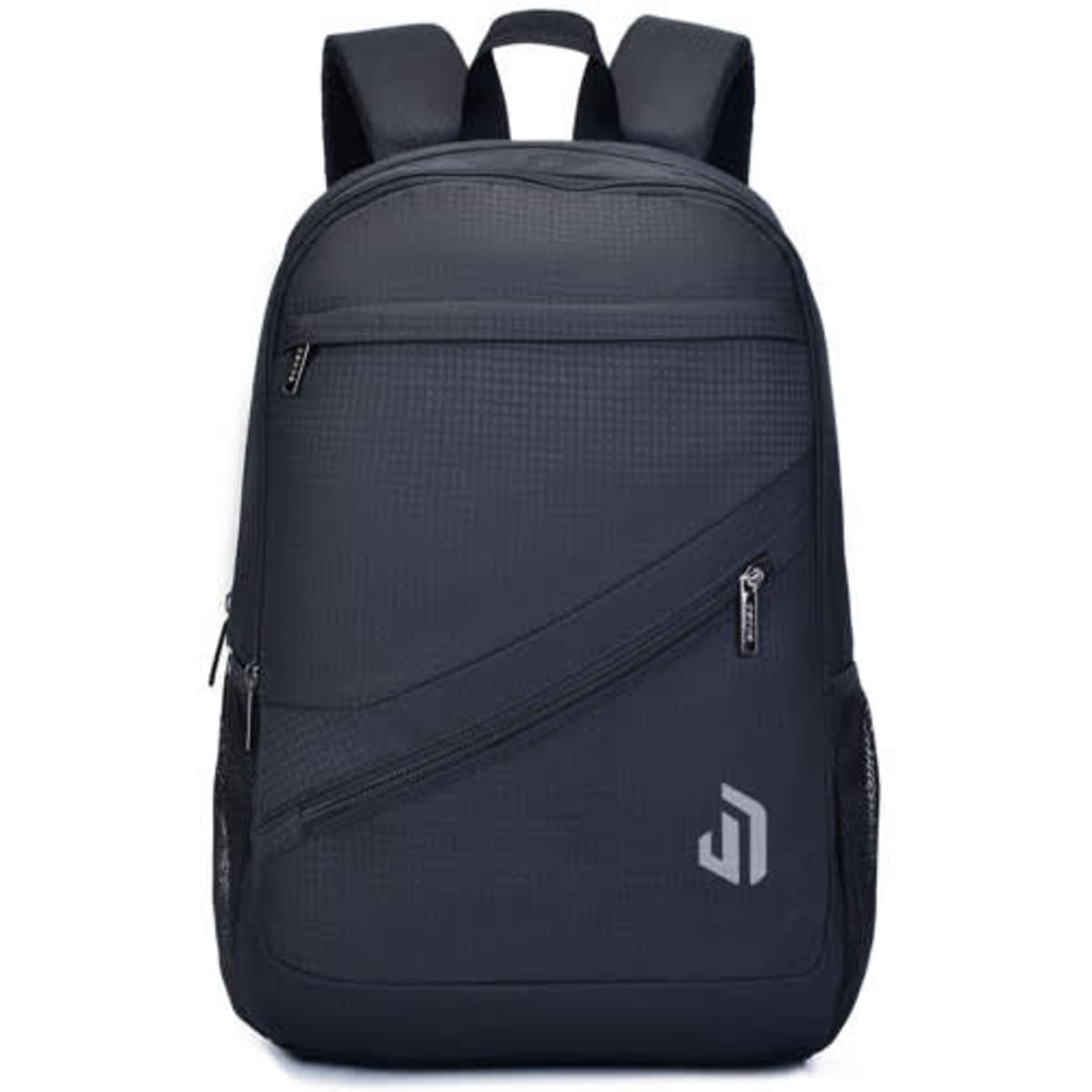 A multifunctional black business travel backpack with a sleek design, featuring multiple zippers and a logo.