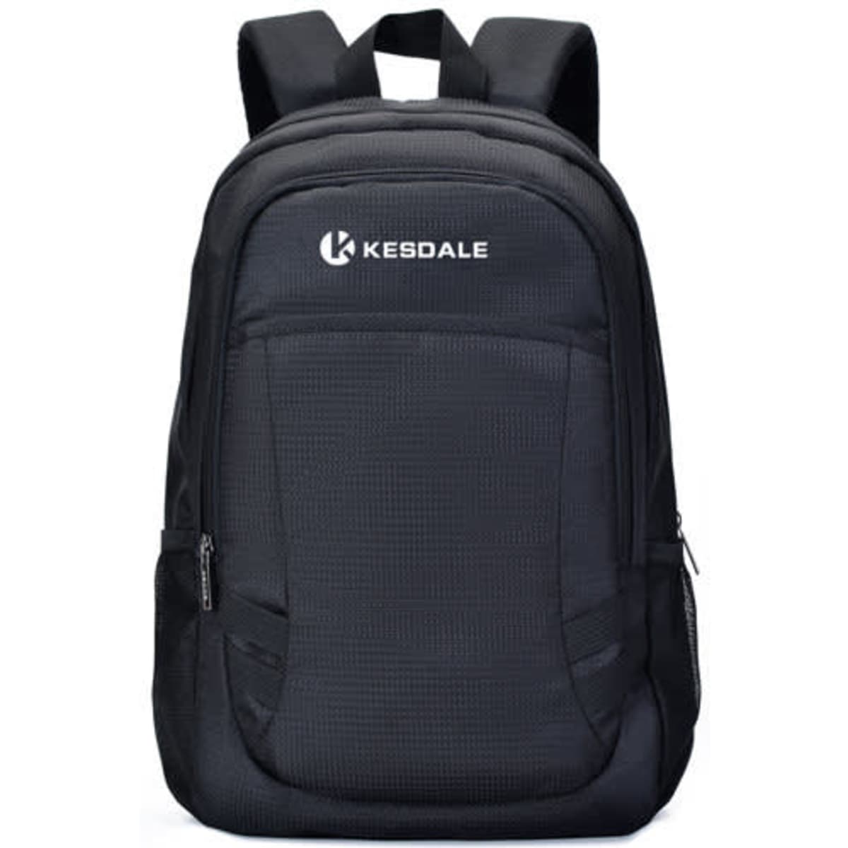 A black leisure laptop backpack featuring adjustable straps and a front pocket, with a logo on the front.