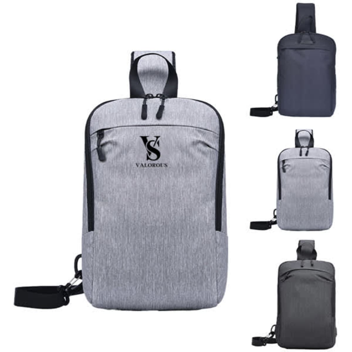 A grey sling bag made of oxford cloth, featuring a logo and adjustable strap, with a sleek design and multiple compartments.