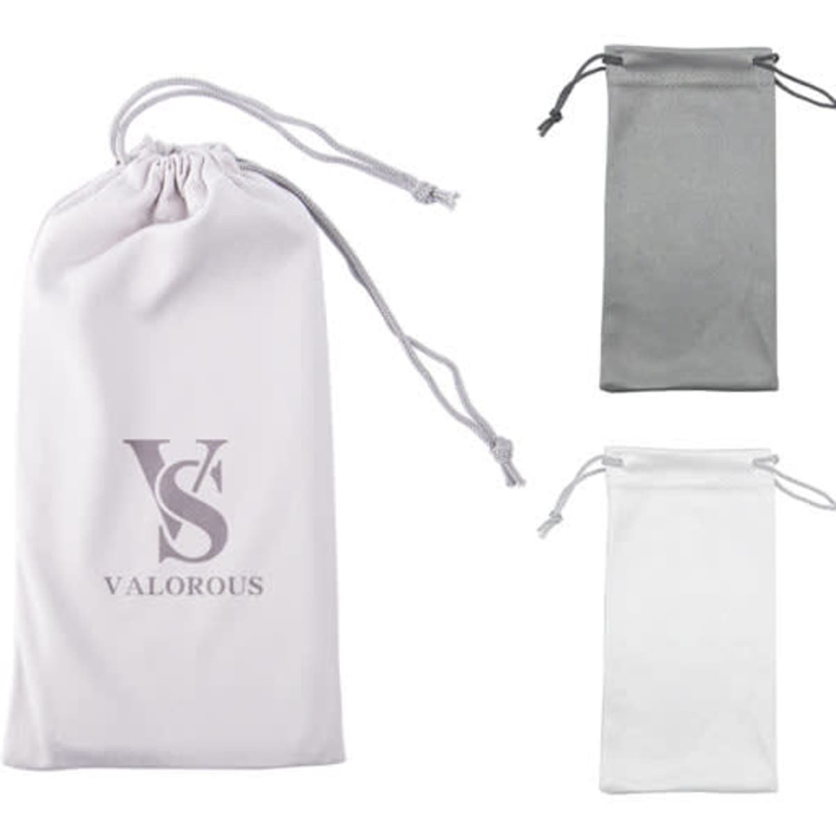 A set of three custom microfiber suede sunglasses drawstring pouches in white, grey, and soft grey, featuring logos.