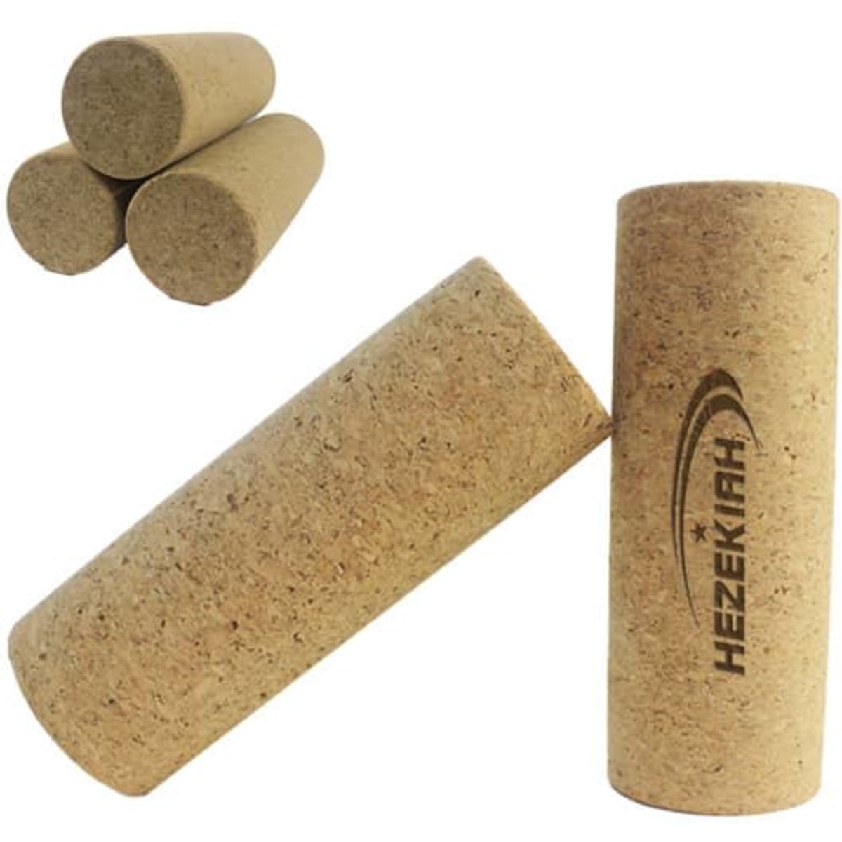 Natural cork massage rollers in brown, featuring one logo, with additional rollers in the background.