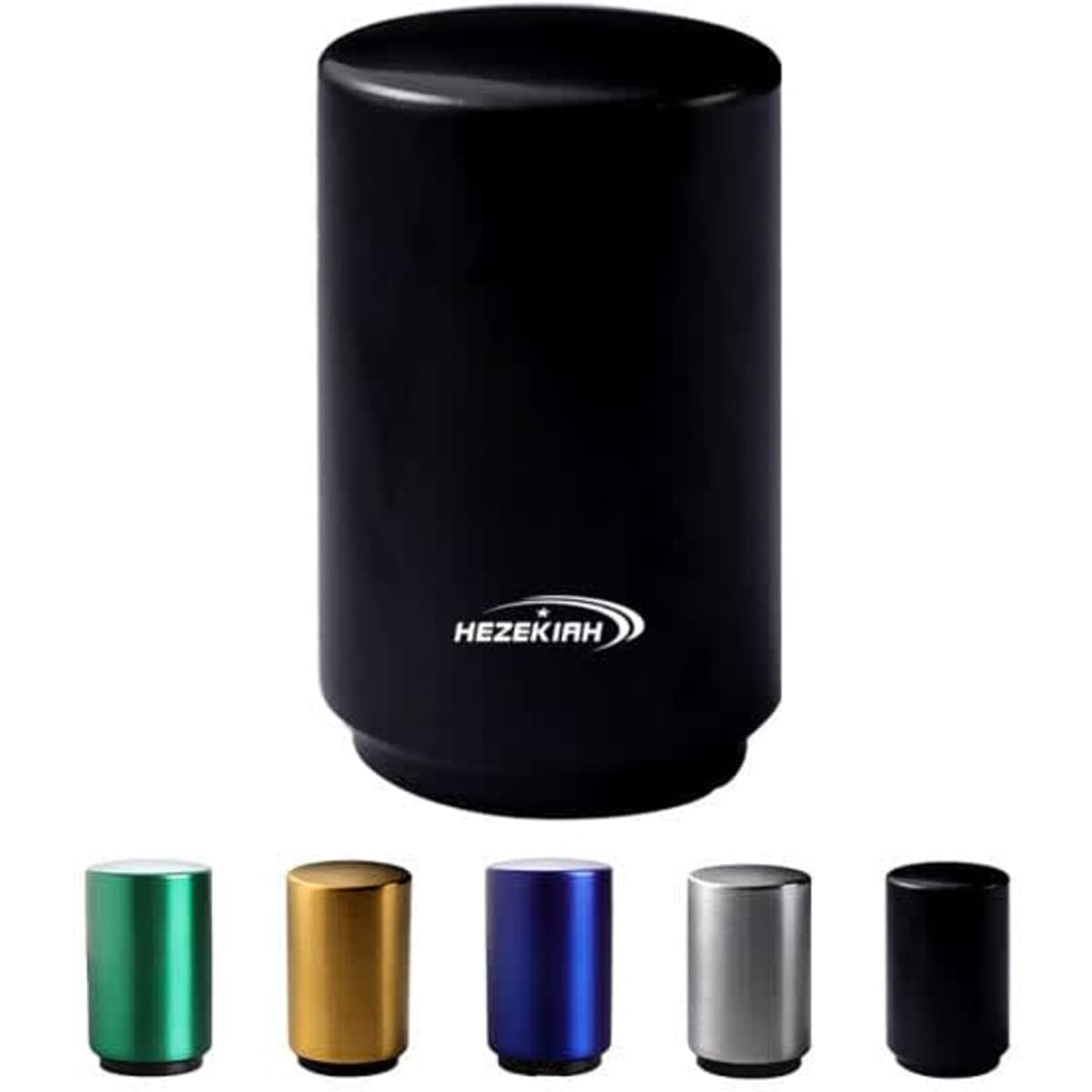 A drink bottle opener in various colours including black, green, gold, blue, and silver, featuring a logo.