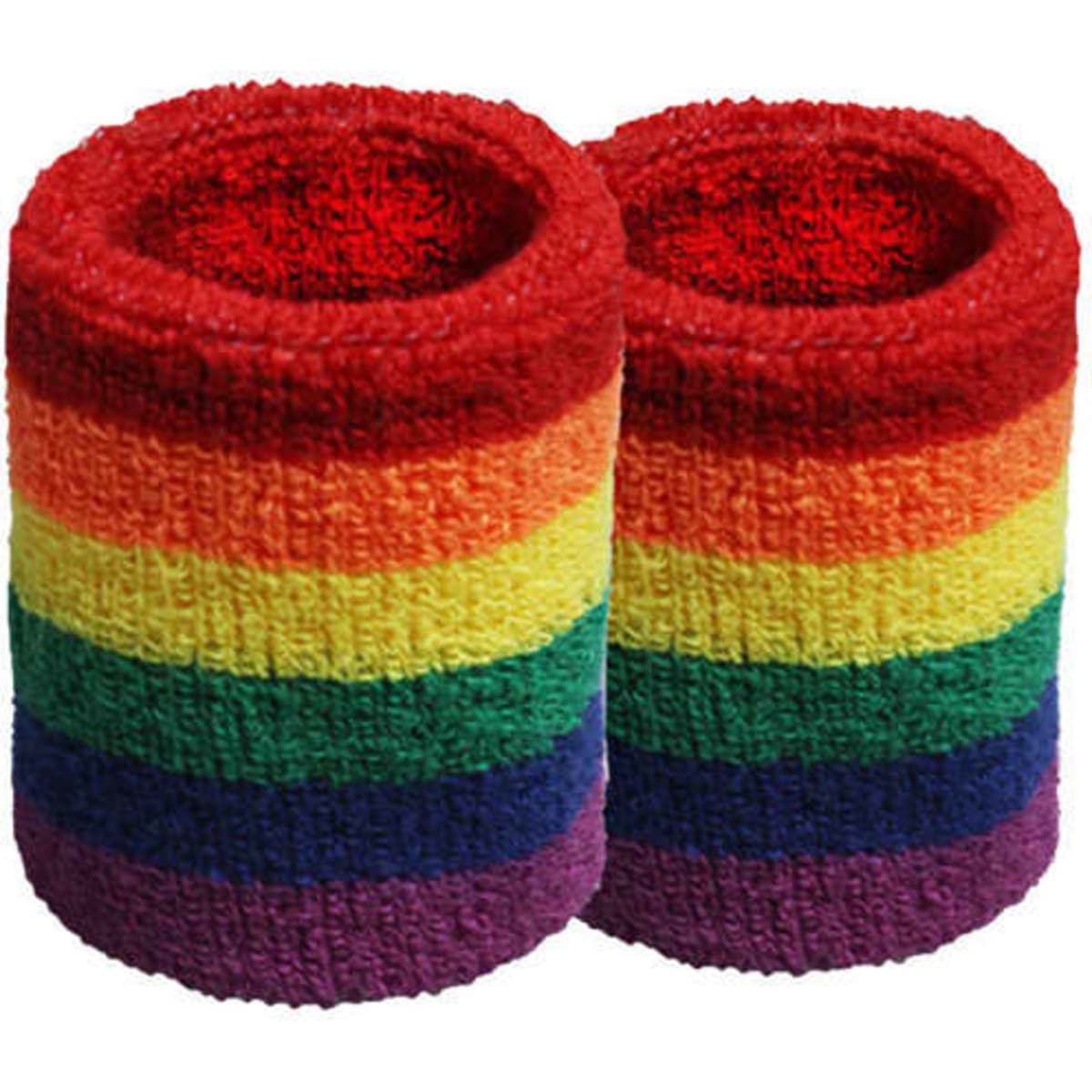 A pair of rainbow wristbands featuring vibrant stripes in red, orange, yellow, green, blue, and purple. Includes a logo.