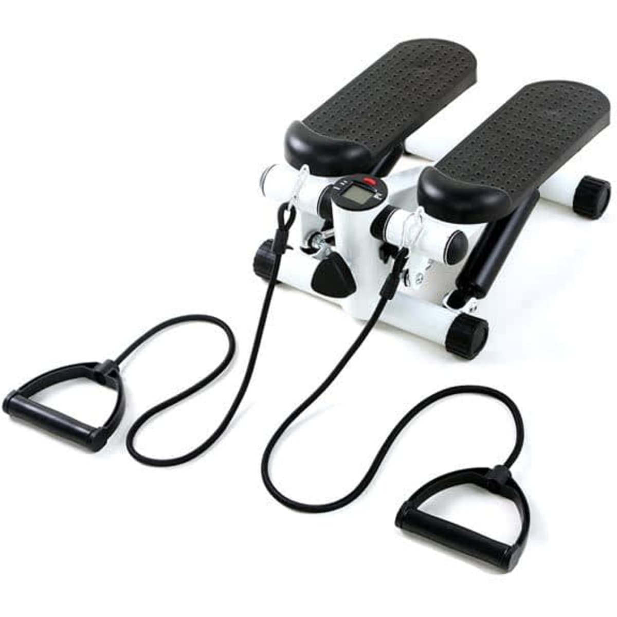 A portable mini fitness stepper in black and white with resistive bands and a digital display. It includes a logo.
