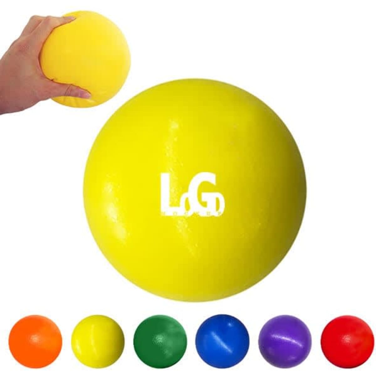 A yellow 6-inch dodgeball held in a hand, alongside various coloured dodgeballs including orange, green, blue, purple, and red.