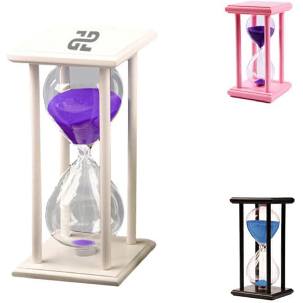 A three-colour sand timer featuring a square base. Available in pink, white, and black with purple sand inside.
