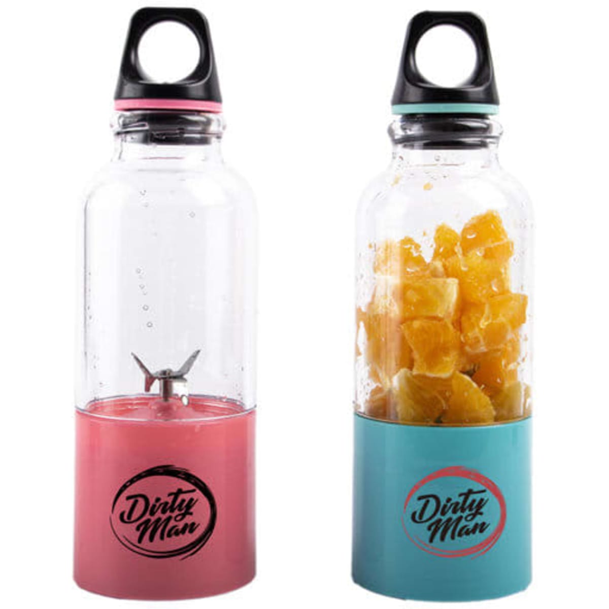 A portable USB juicer cup in pink and teal, featuring a mixing blade and a logo on the base.