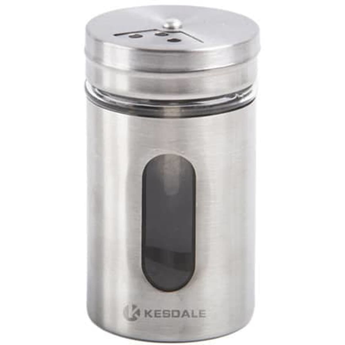 A stainless steel salt and pepper shaker with a transparent window and a lid featuring multiple dispensing holes.