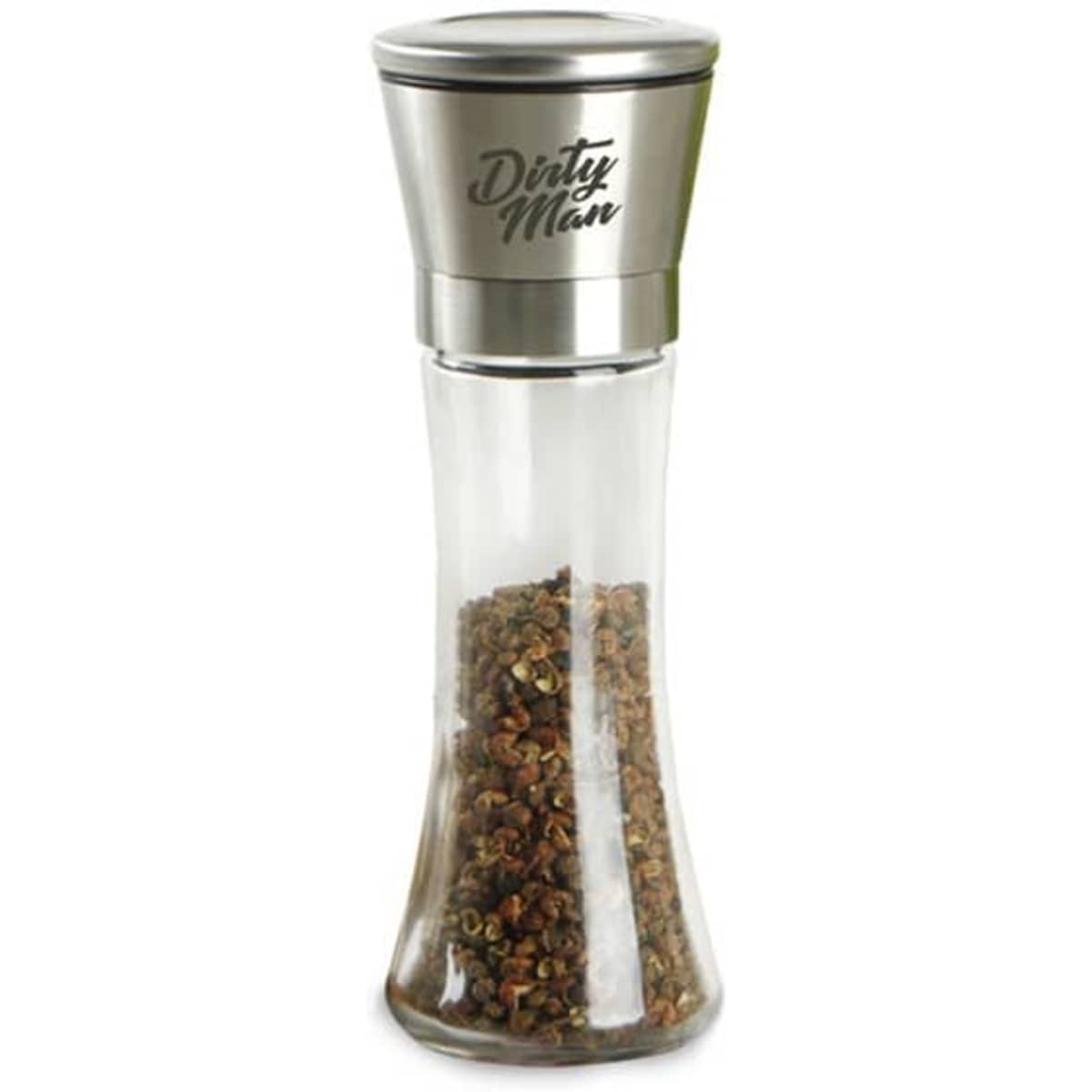 A stainless steel and glass salt and pepper grinder with a sleek design and a branded lid.