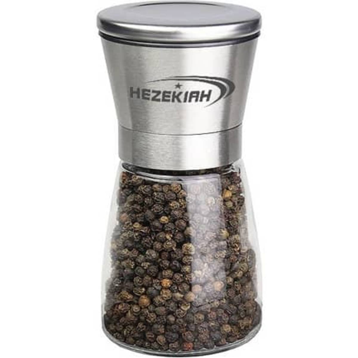 A stainless steel and glass pepper grinder with a sleek design, featuring a logo on the top.