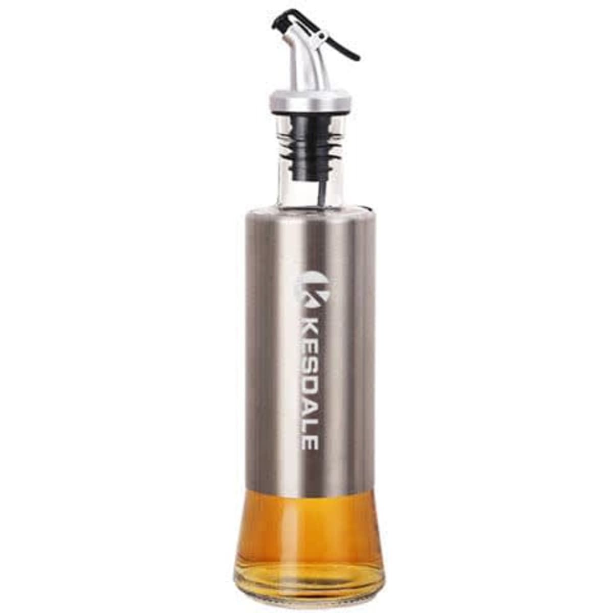 A stainless steel oil bottle with a clear glass base, showcasing golden liquid inside and a pour spout on top.