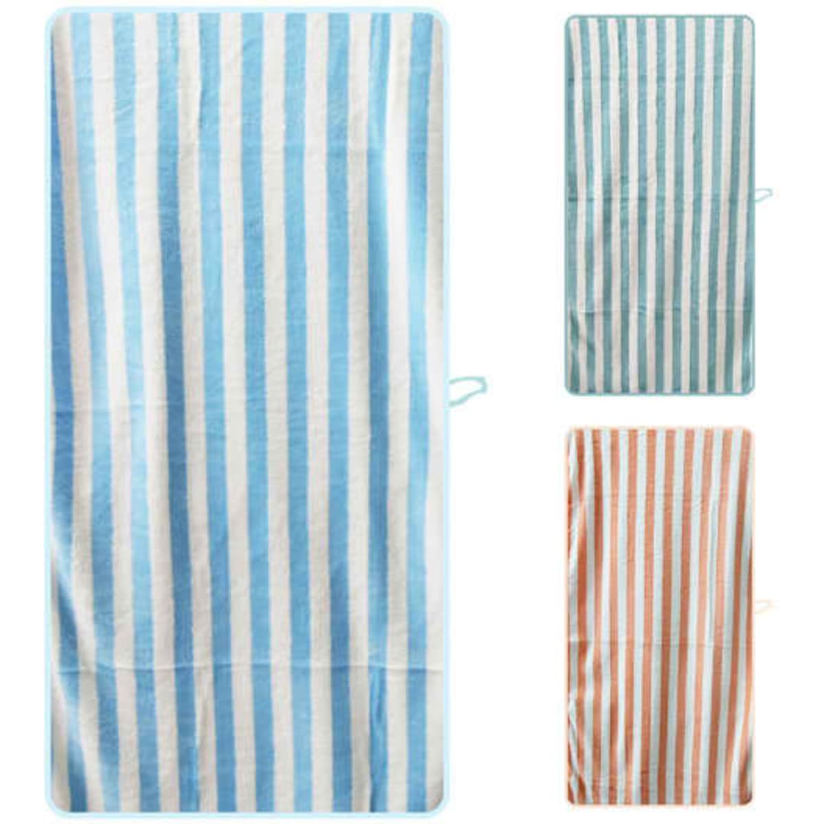 A striped bath towel in blue and white, alongside additional towels in other colours. Features a logo.
