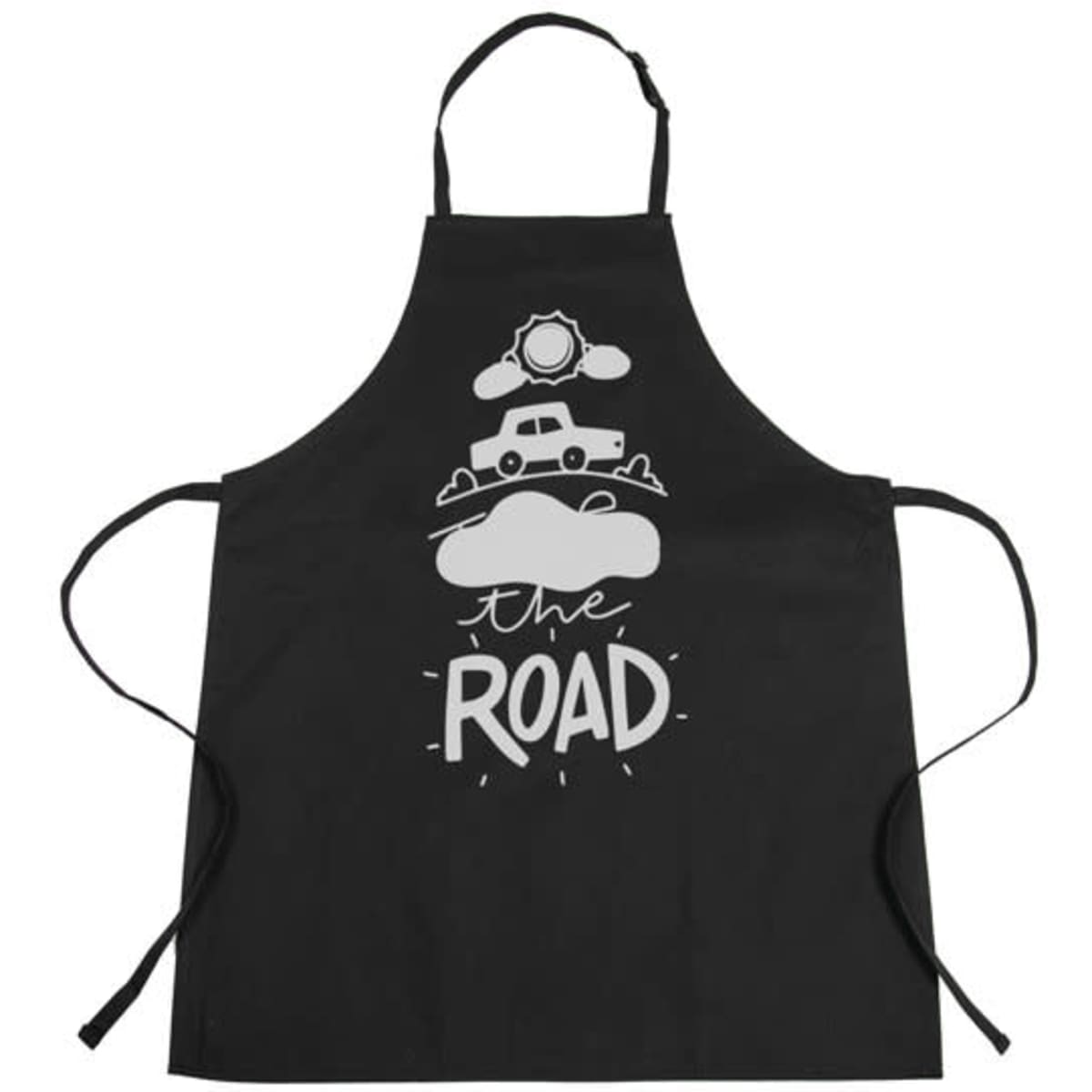 A black apron featuring a graphic design with a sun, a car, and clouds, along with the text "the ROAD."