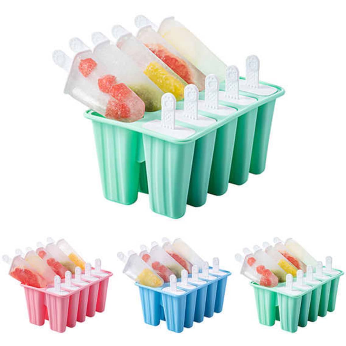 A green silicone ice cream mold with ten compartments, featuring popsicles in various colours, including red, yellow, and green.
