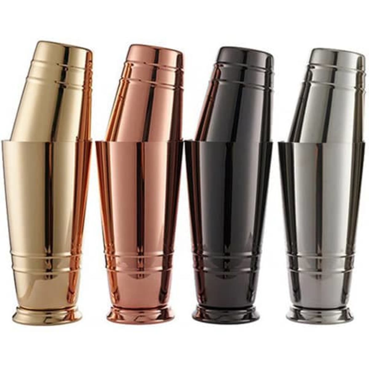 A set of four cocktail Boston shakers in gold, rose gold, black, and silver finishes, featuring sleek, polished designs and logos.
