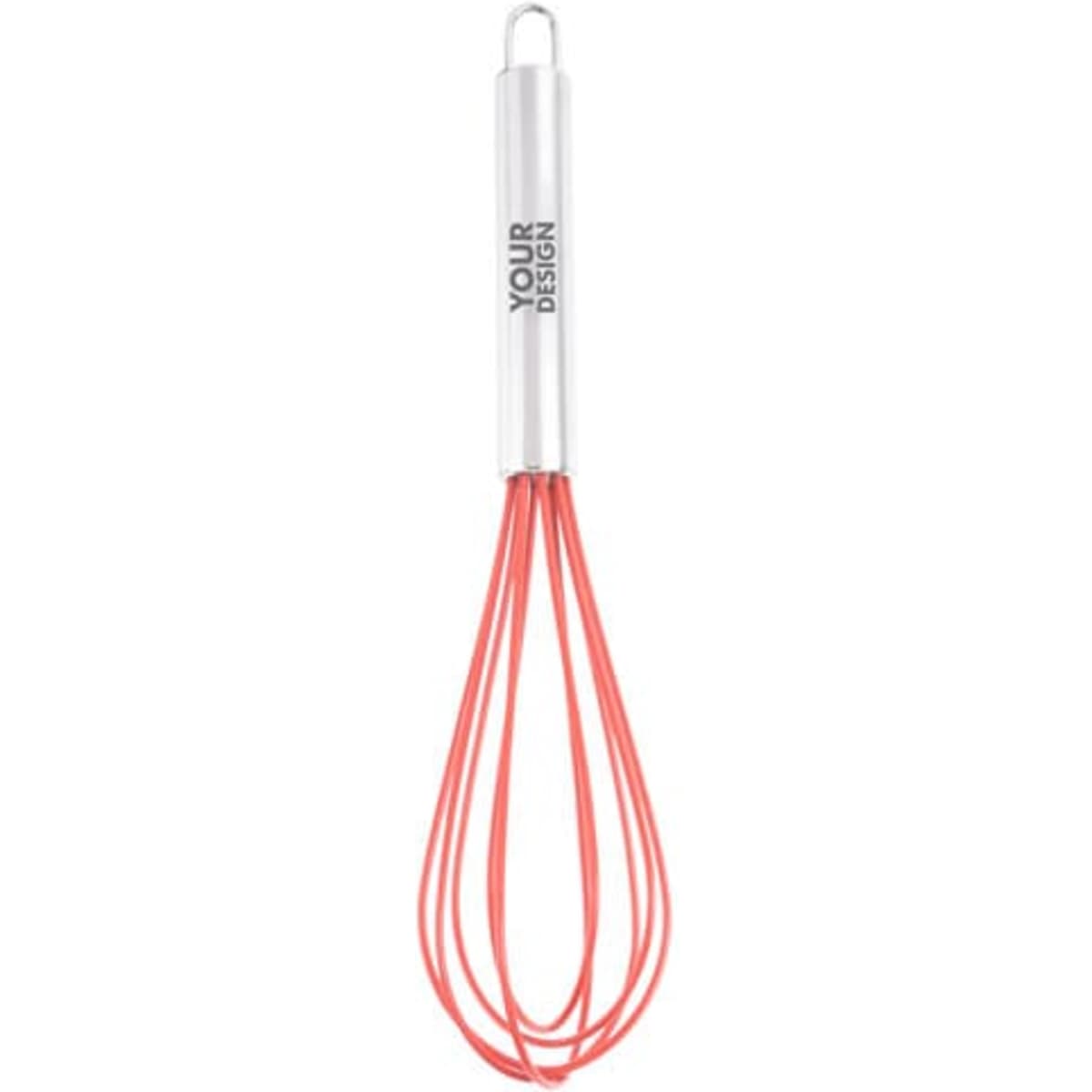 A manual egg beater with a silver handle and red whisking wires, featuring a logo on the handle.