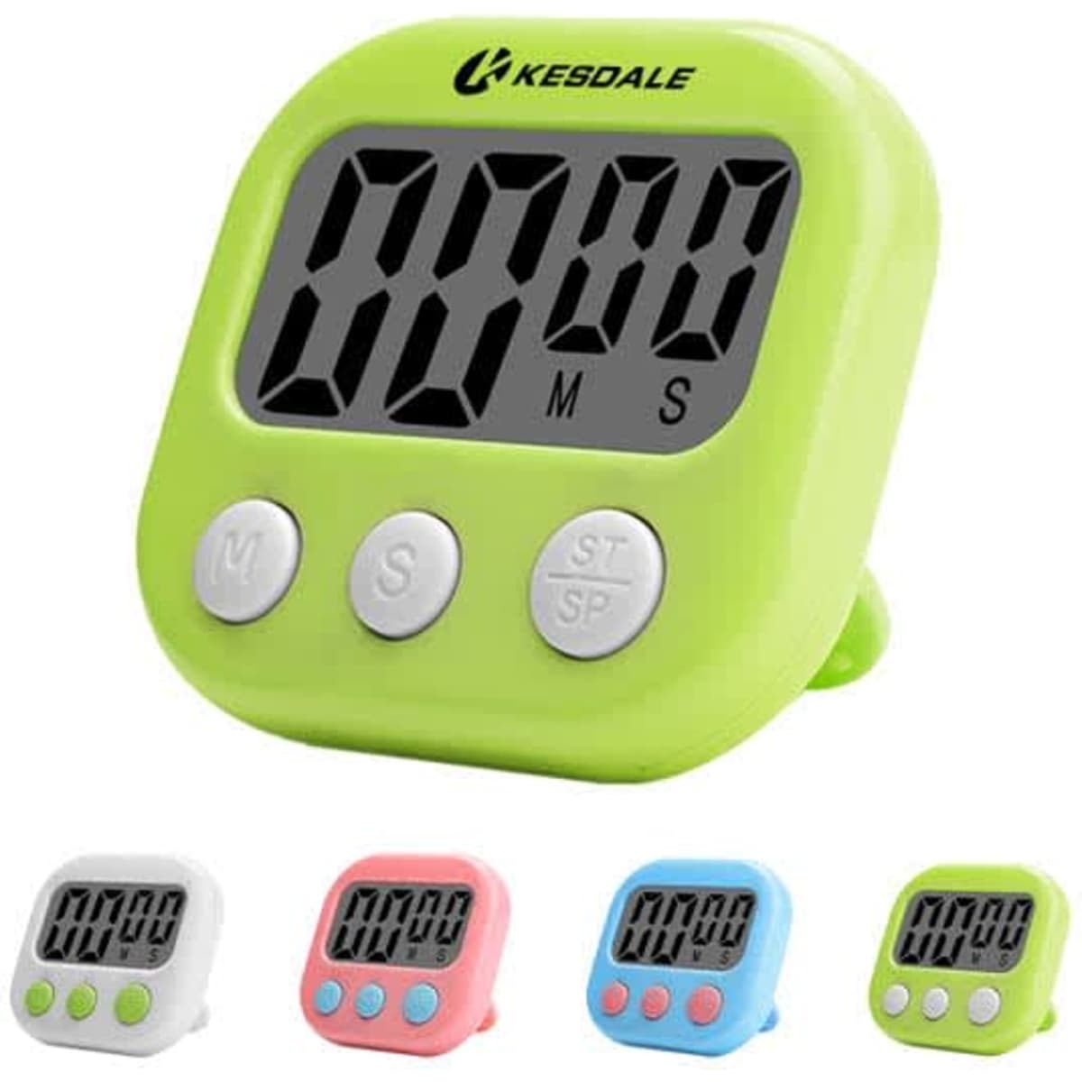 A bright green LCD digital kitchen countdown timer with large display and three buttons. Available in multiple colours.