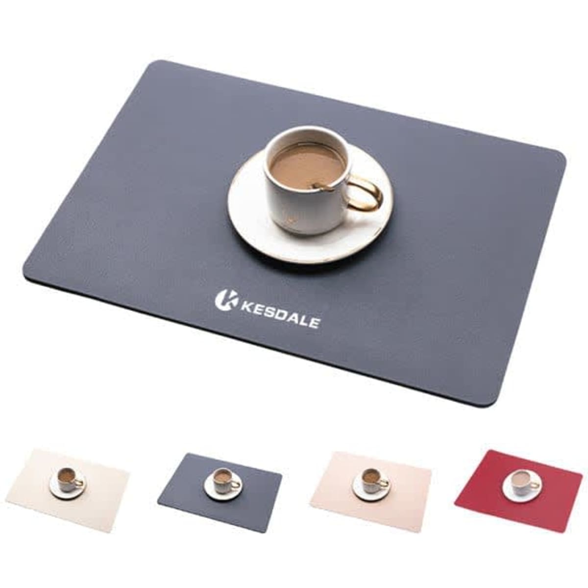 A heat insulation placemat in grey with a cup of coffee and saucer on it, alongside options in cream and red.