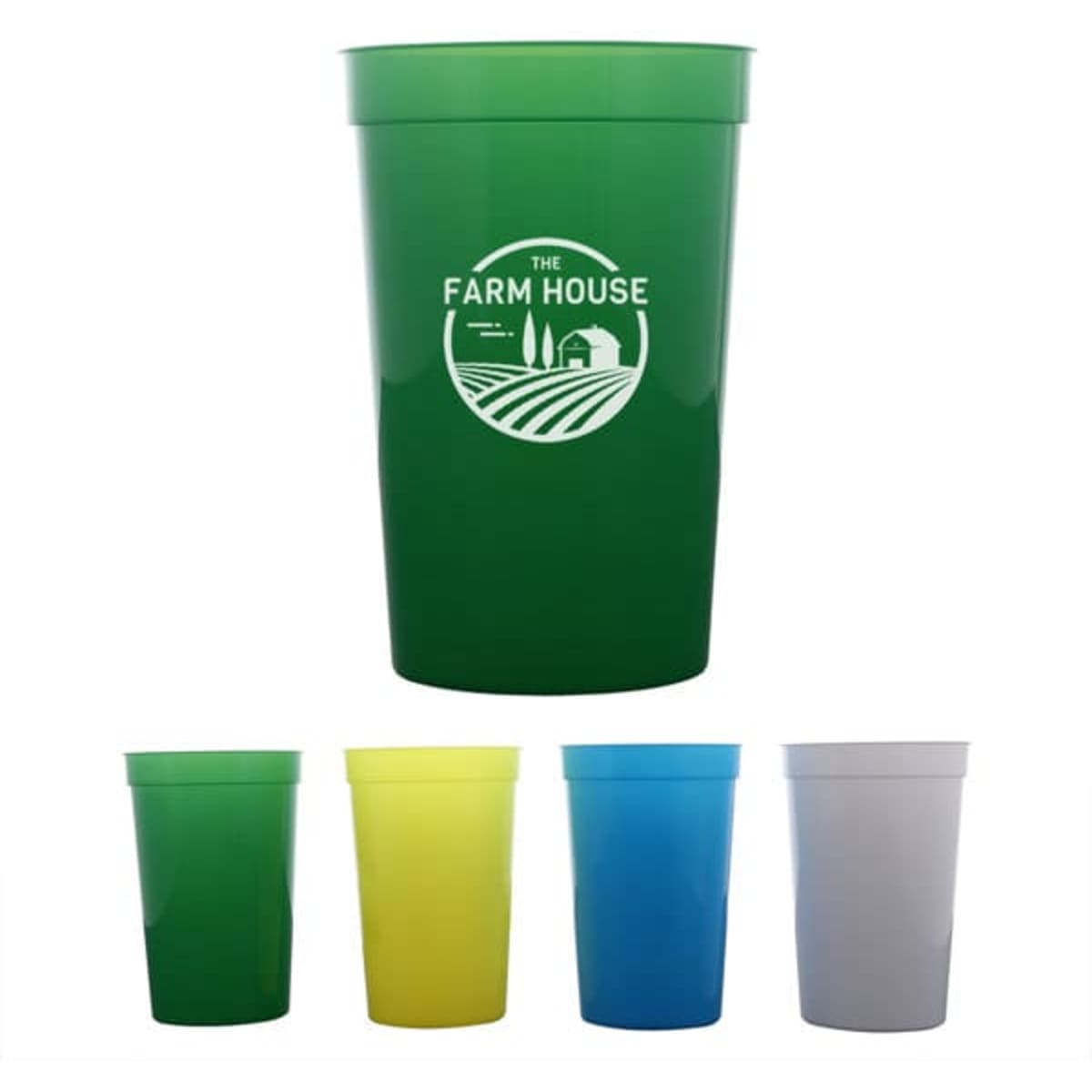 A drink cup in green with a logo, alongside cups in yellow, blue, white, and green. Ideal for promotional use.
