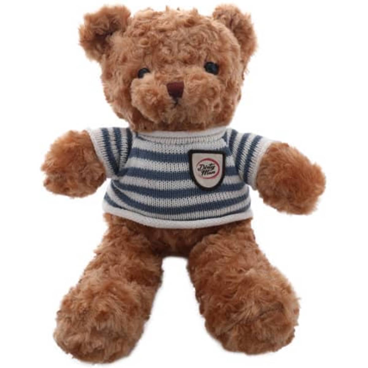 A small plush teddy bear toy with curly brown fur, wearing a blue and white striped sweater.