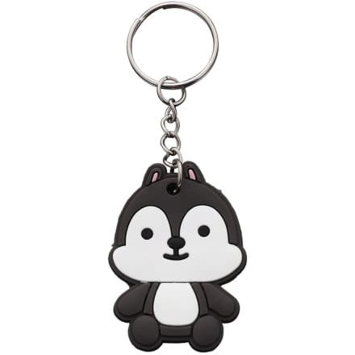 A black and white silicone keychain shaped like a cute animal with a keyring attachment.