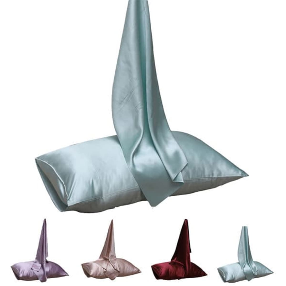 A silk envelope pillowcase in a soft blue shade, with options in pink, purple, and burgundy. Features branding.