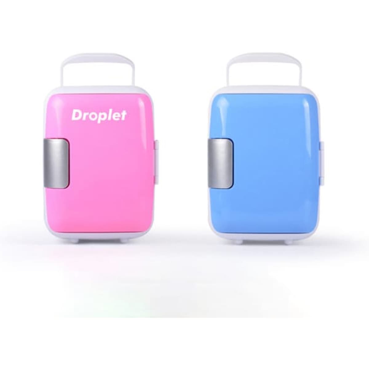 A pink and blue mini fridge, featuring a handle and a logo, suitable for car or home use.