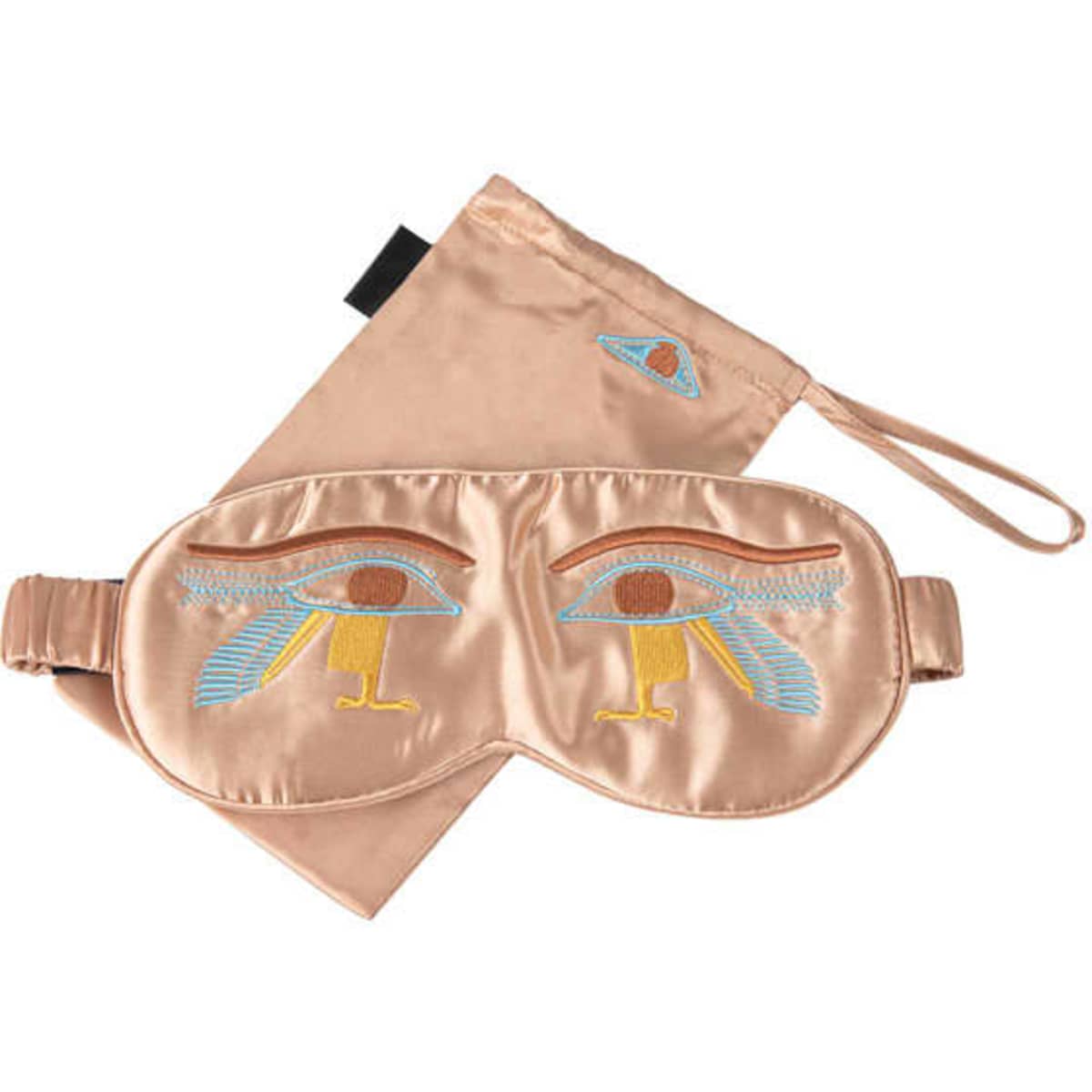 A pink embroidered satin eye mask featuring an eye design, accompanied by a matching silk carry bag.