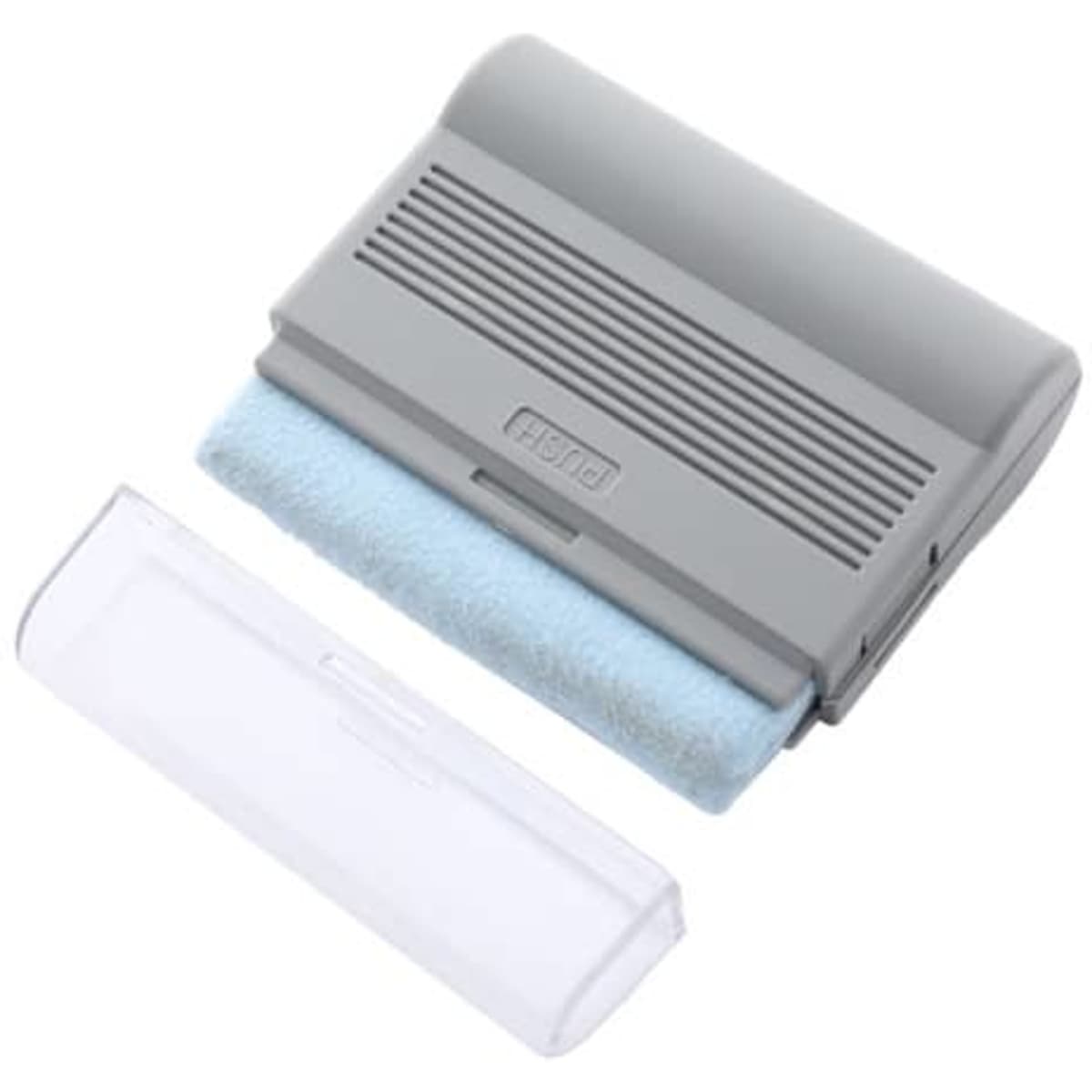 A grey computer cleaning brush with a light blue cloth, accompanied by a clear protective cover.